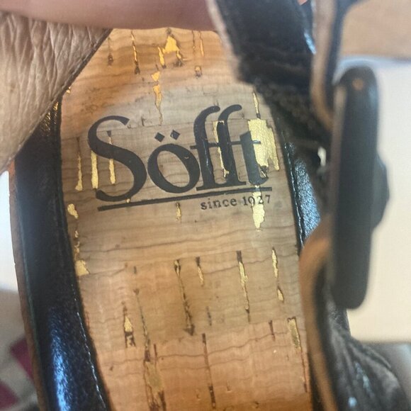 Sofft Black Leather Wedge Sandals Womens 7.5 Peep Toe Cork Heel Adjustable Strap - Picture 7 of 11